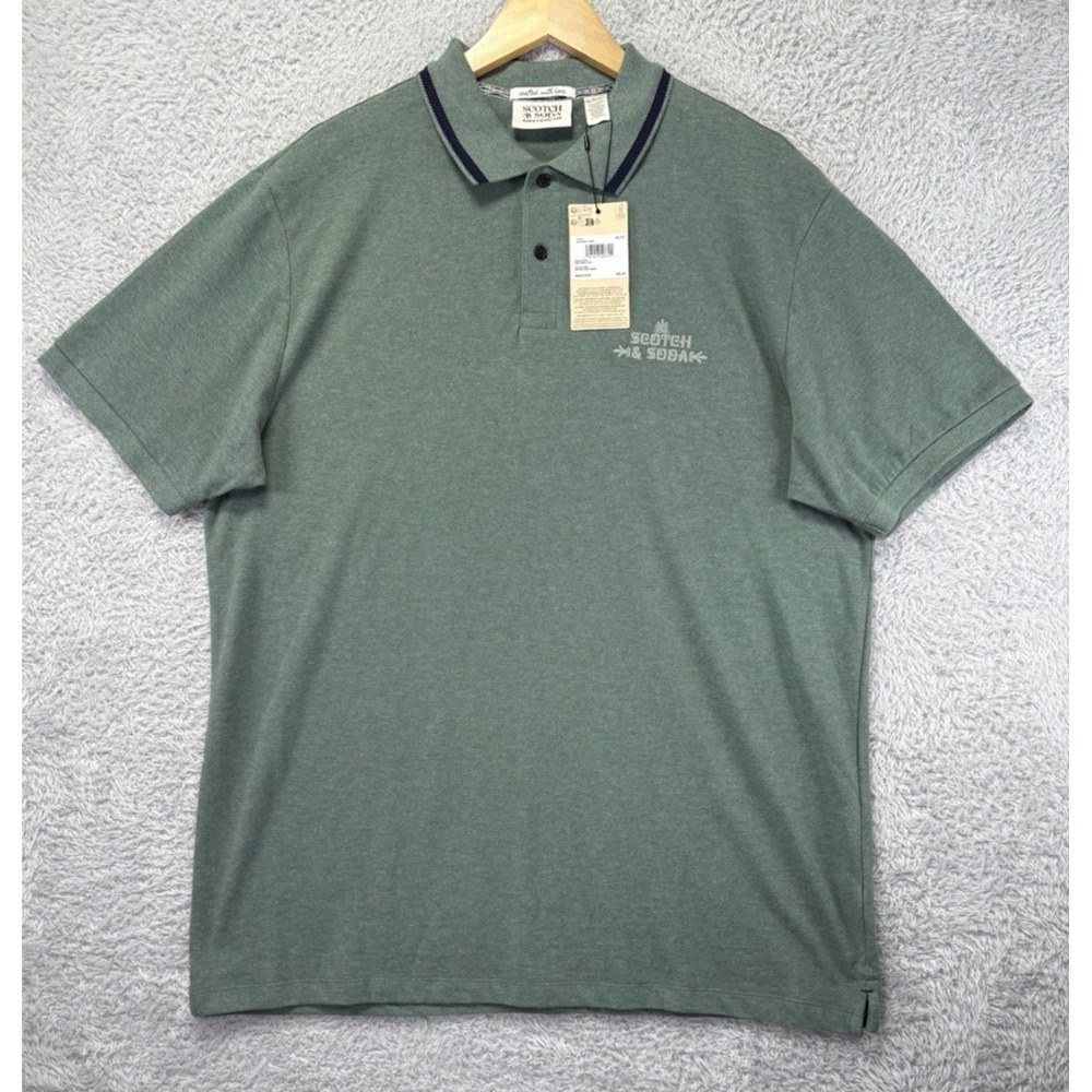 NWT Scotch & Soda Mens XL Green Pique Polo Shirt Swan Logo Short Sleeve Cotton
